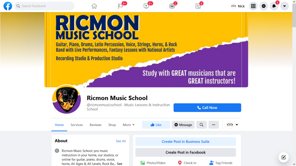 A Facebook Business Page for Ricmon Music School of Orlando, FL. 