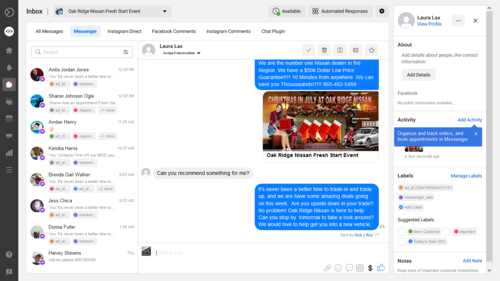 An Oakridge Nissan Facebook Messenger campaign used to generate appointments for sales staff