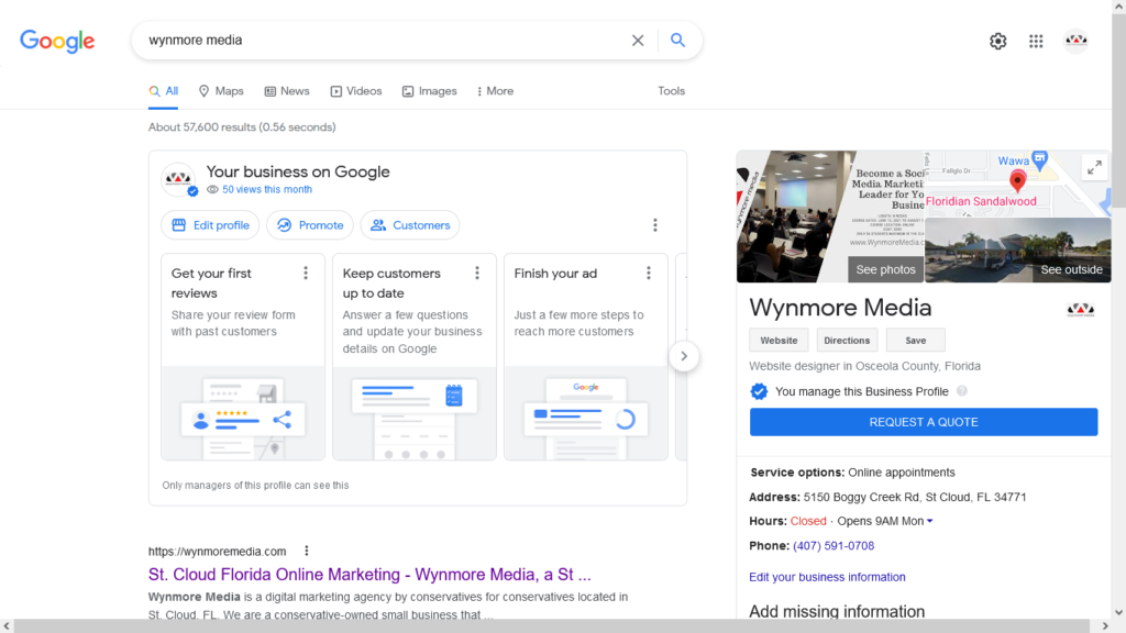 Google Result with a Google My Business Profile