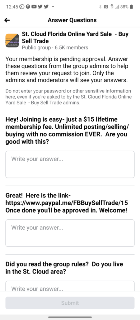 A Facebook group example of someone charging a membership fee in order to join.